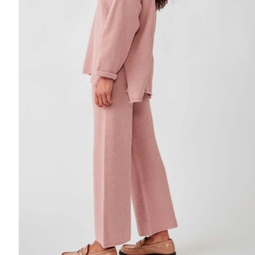 FREE PEOPLE Beach Hailee waffle knit crop pants sz L pink easy pull on lounge - Picture 2 of 9